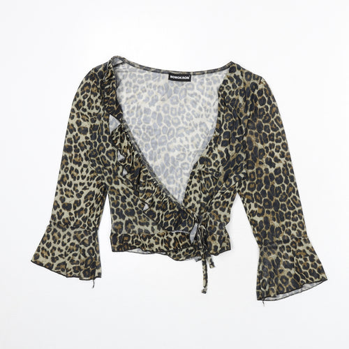 Momokrom Womens Multicoloured Animal Print Polyester Wrap T-Shirt Size 8 V-Neck - Leopard Print, Cropped