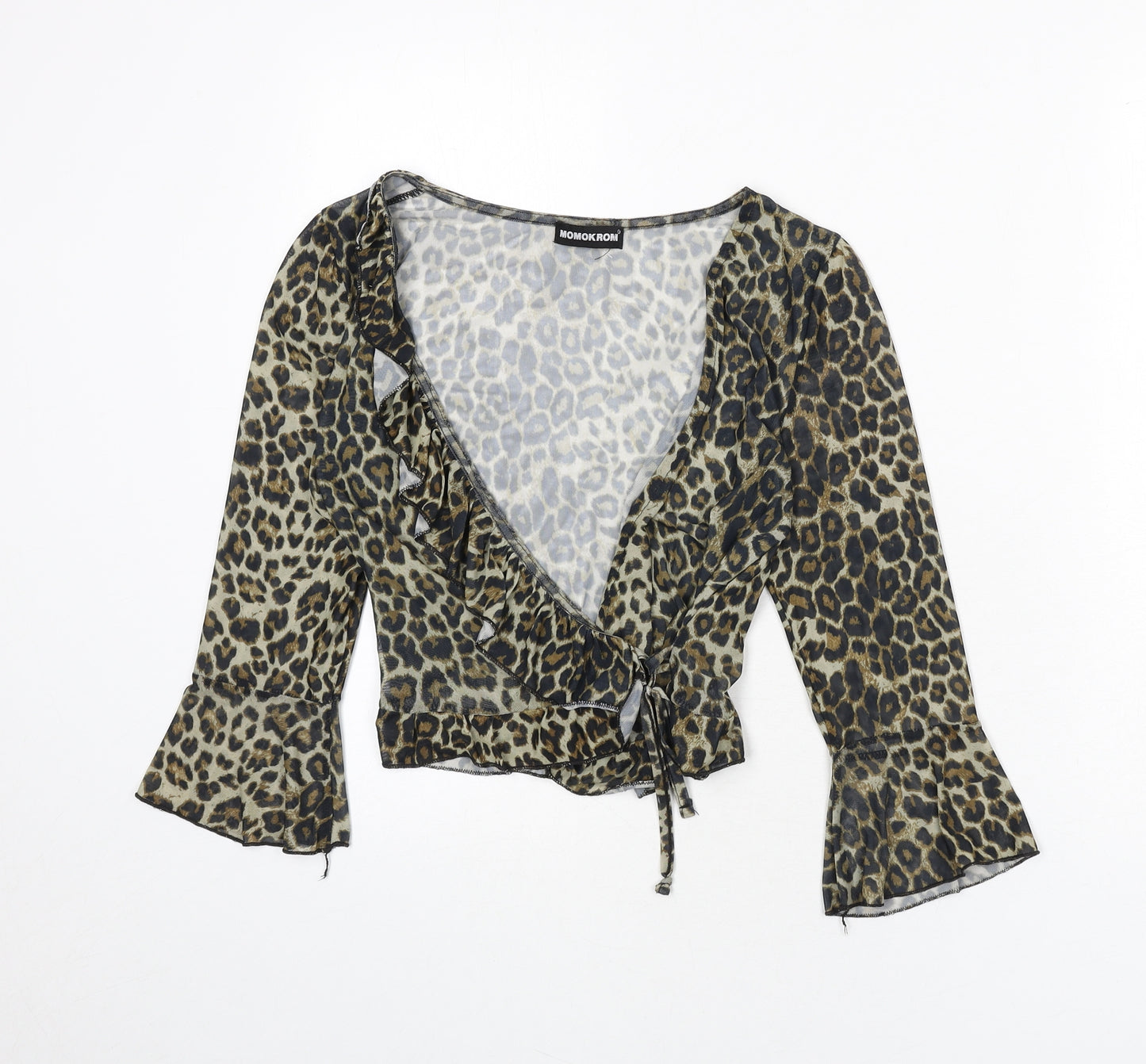 Momokrom Womens Multicoloured Animal Print Polyester Wrap T-Shirt Size 8 V-Neck - Leopard Print, Cropped