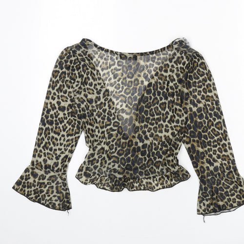 Momokrom Womens Multicoloured Animal Print Polyester Wrap T-Shirt Size 8 V-Neck - Leopard Print, Cropped