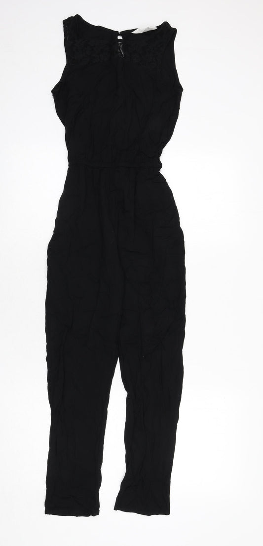 H&M Girls Black Viscose Jumpsuit One-Piece Size 11-12 Years L23 in Button - Lace Trim, Tie Detail