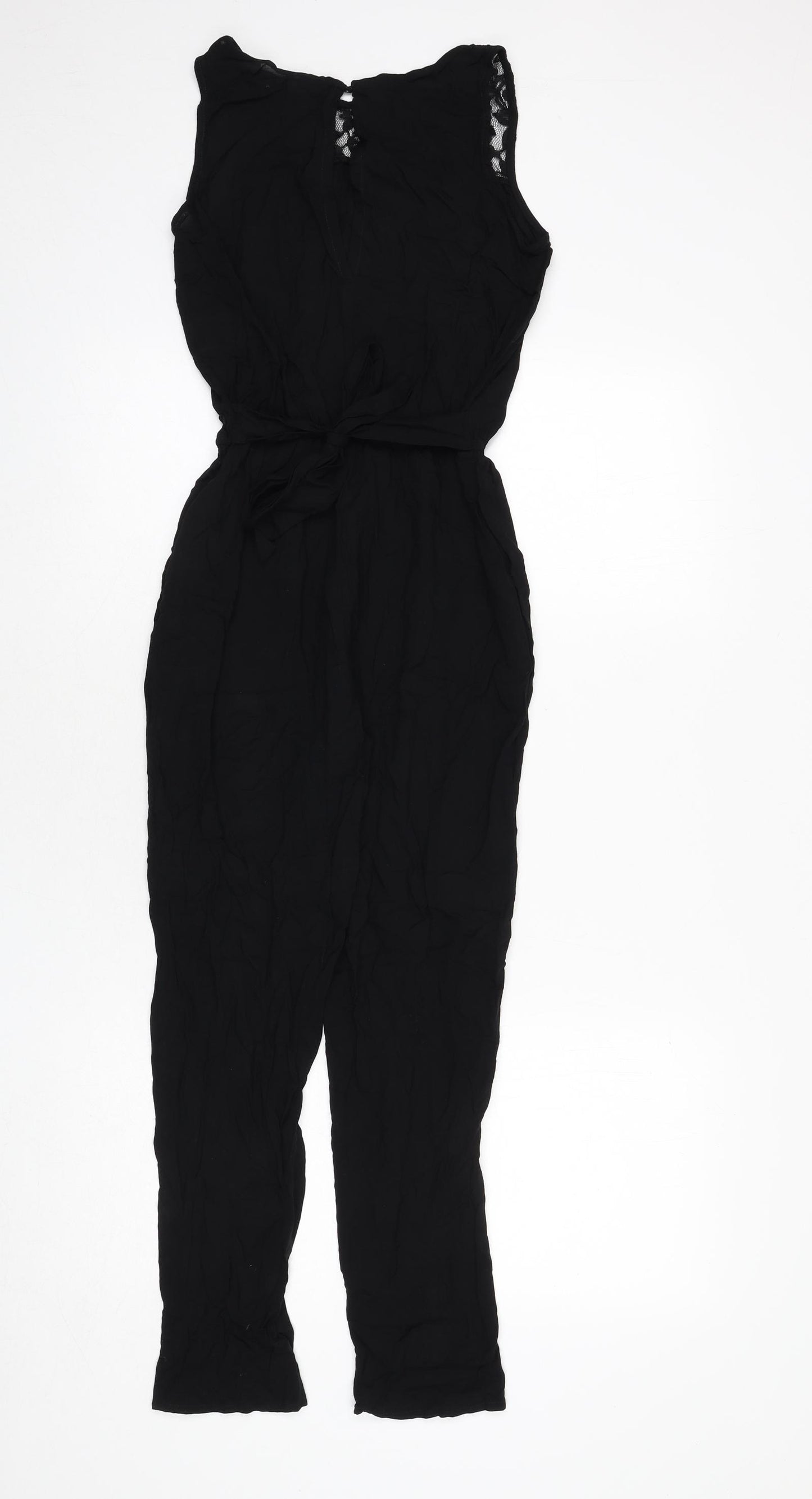 H&M Girls Black Viscose Jumpsuit One-Piece Size 11-12 Years L23 in Button - Lace Trim, Tie Detail