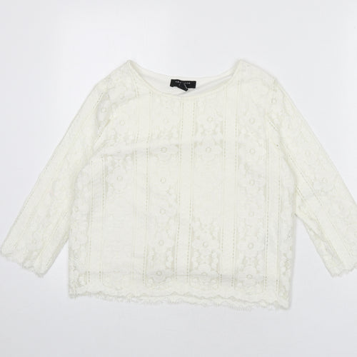 New Look Womens Ivory Geometric Polyester Cropped Blouse Size 6 Round Neck - Flowers
