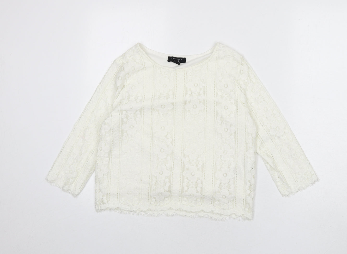 New Look Womens Ivory Geometric Polyester Cropped Blouse Size 6 Round Neck - Flowers