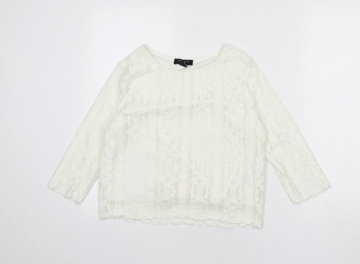 New Look Womens Ivory Geometric Polyester Cropped Blouse Size 6 Round Neck - Flowers