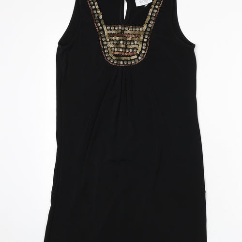 Wallis Womens Black Polyester Sheath Size 10 Round Neck Button - Beaded Detail