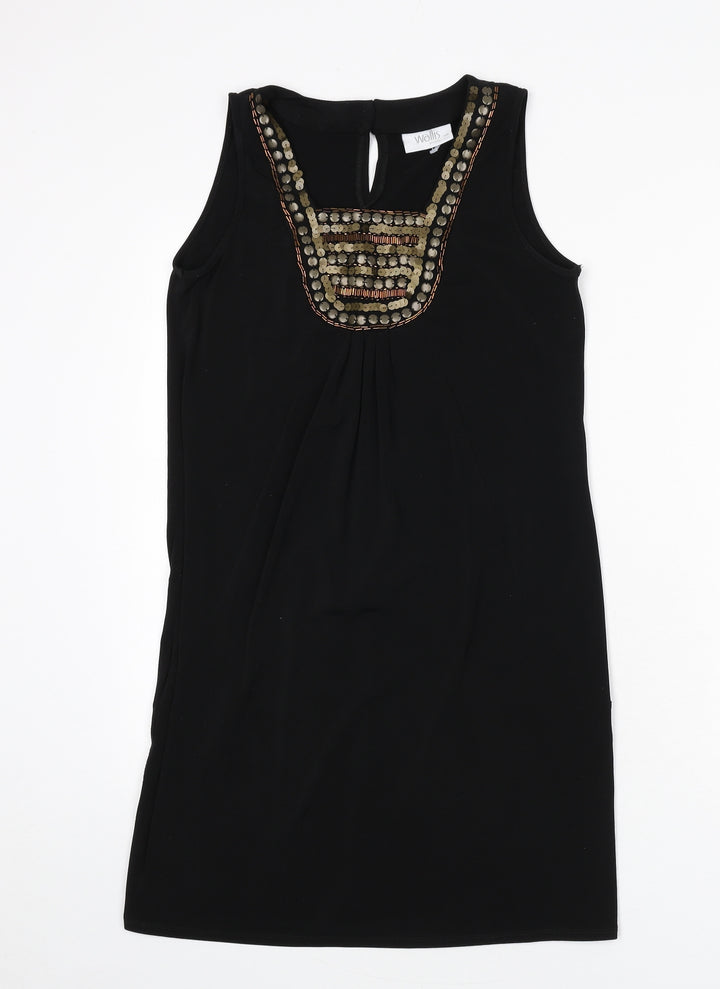 Wallis Womens Black Polyester Sheath Size 10 Round Neck Button - Beaded Detail