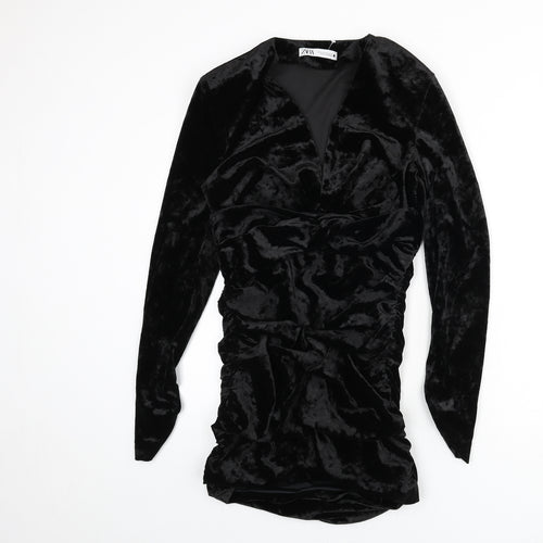 Zara Womens Black Polyester Bodycon Size M V-Neck Zip - Ruched Sides