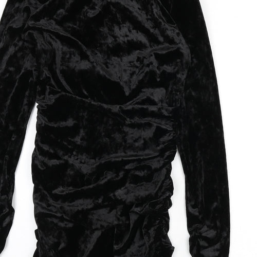 Zara Womens Black Polyester Bodycon Size M V-Neck Zip - Ruched Sides