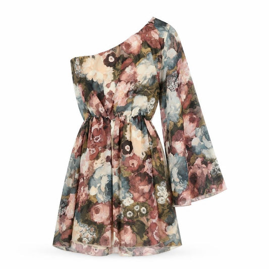 Front view of Love women’s multicoloured floral polyester a-line, size S, one shoulder pullover -, size S/m