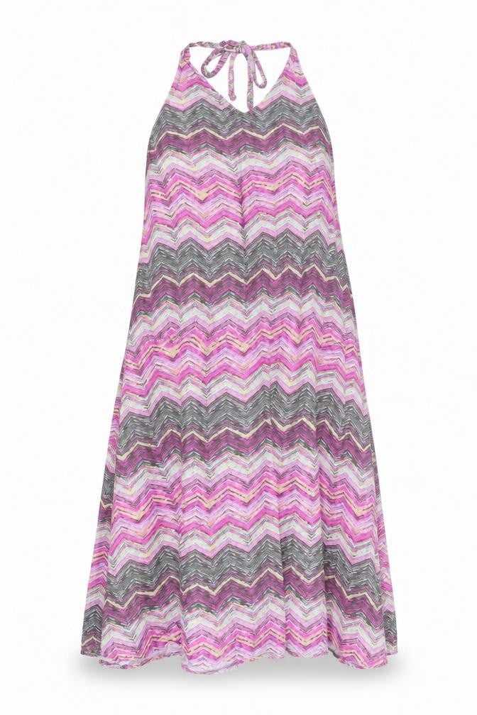 Front view of Very women’s multicoloured geometric viscose a-line, size UK 12, halter tie - zig zag pattern