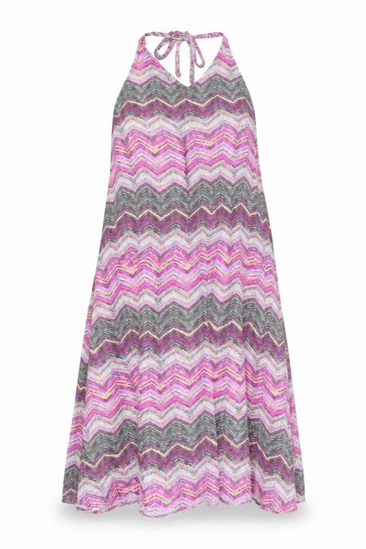 Front view of Very women’s multicoloured geometric viscose a-line, size UK 12, halter tie - zig zag pattern