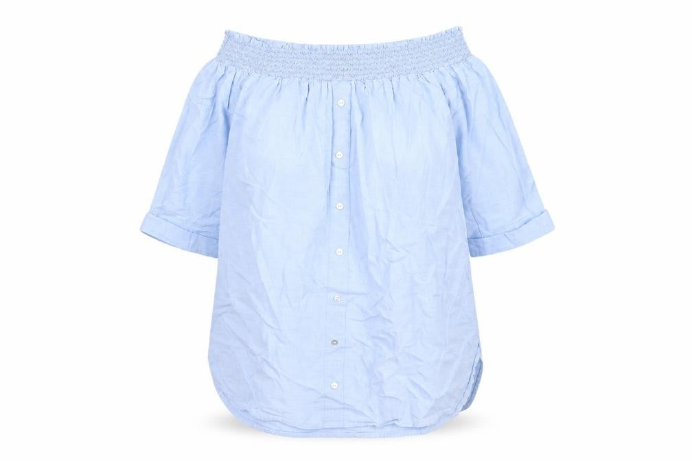 Front view of River Island women’s blue cotton basic blouse, size UK 12, off the shoulder - bardot