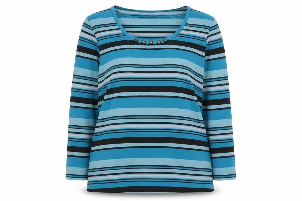 Front view of Alexara women’s blue round neck striped polyester jumper, size UK 18