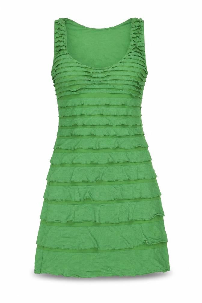 Front view of Studio M women’s green polyester a-line, size XS, scoop neck pullover - frills