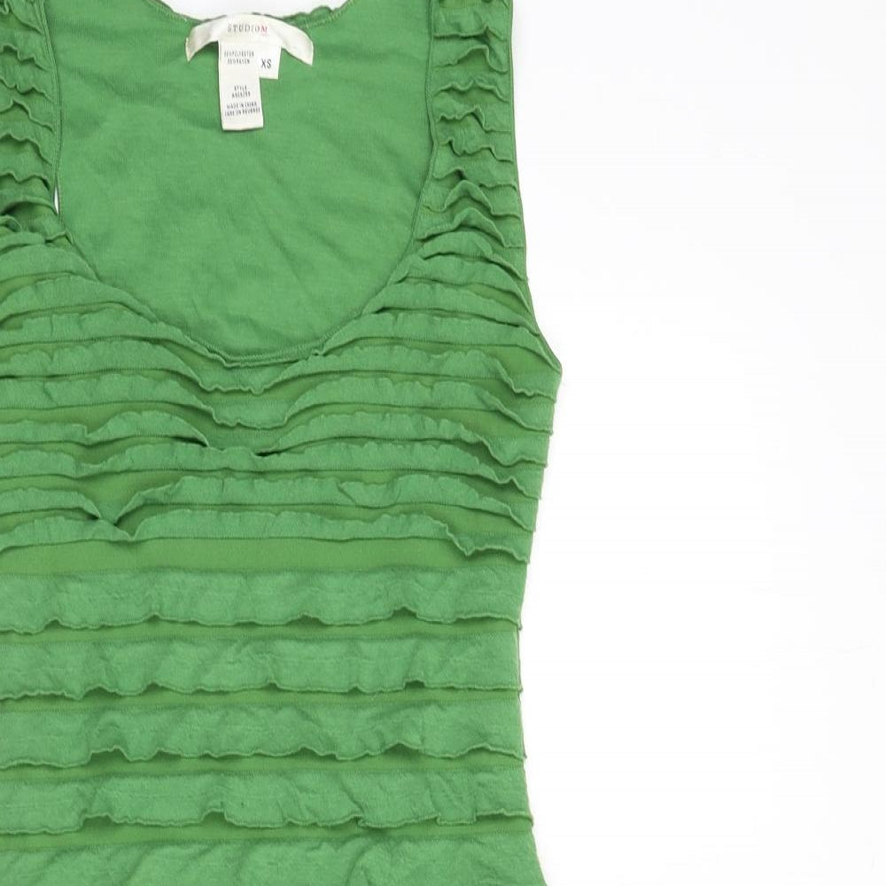 Studio M Womens Green Polyester A-Line Size XS Scoop Neck Pullover - Frills