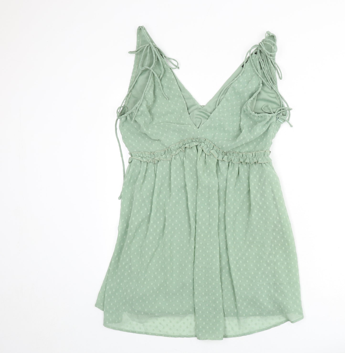 Parallel Lines Womens Green Polka Dot Polyester A-Line Size 14 V-Neck Zip - Tie Detail