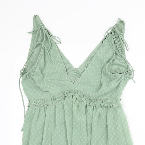 Parallel Lines Womens Green Polka Dot Polyester A-Line Size 14 V-Neck Zip - Tie Detail