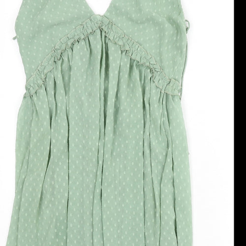 Parallel Lines Womens Green Polka Dot Polyester A-Line Size 14 V-Neck Zip - Tie Detail