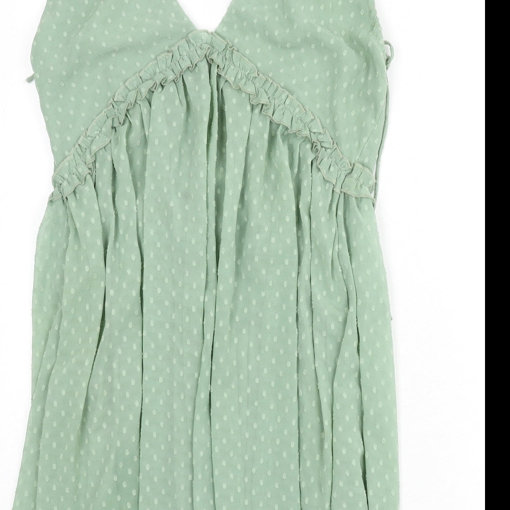 Parallel Lines Womens Green Polka Dot Polyester A-Line Size 14 V-Neck Zip - Tie Detail
