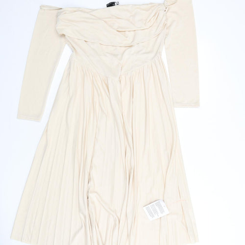 ASOS Womens Beige Polyester Fit & Flare Size 16 Off the Shoulder Pullover - Pleated