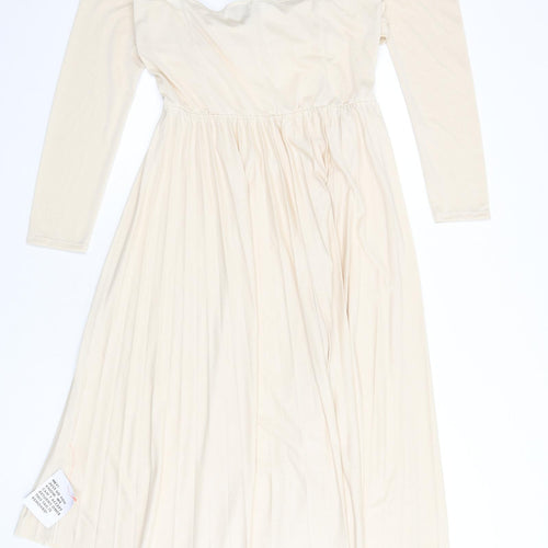 ASOS Womens Beige Polyester Fit & Flare Size 16 Off the Shoulder Pullover - Pleated