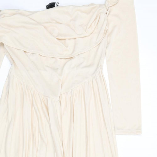 ASOS Womens Beige Polyester Fit & Flare Size 16 Off the Shoulder Pullover - Pleated