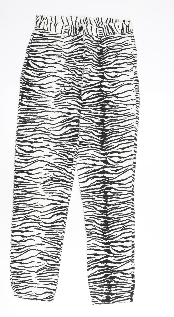 Miss Selfridge Womens White Animal Print Viscose Trousers Size 14 L27 in Regular Zip - Zebra Print
