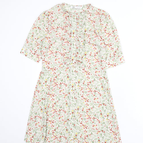 Zara Womens Multicoloured Floral Polyester A-Line Size M Round Neck Button