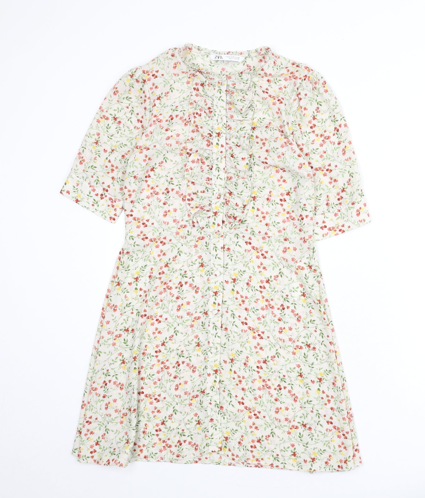 Zara Womens Multicoloured Floral Polyester A-Line Size M Round Neck Button