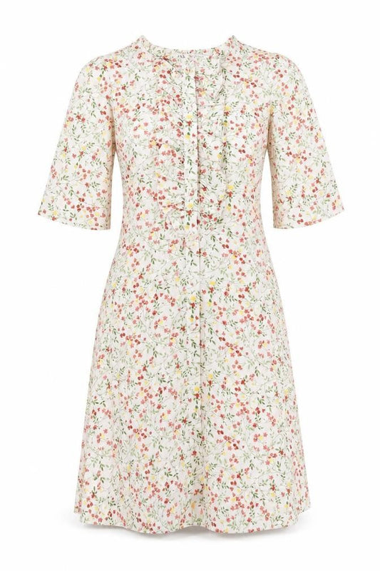 Front view of Zara women’s multicoloured floral polyester a-line, size M, round neck button