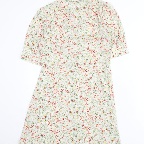 Zara Womens Multicoloured Floral Polyester A-Line Size M Round Neck Button