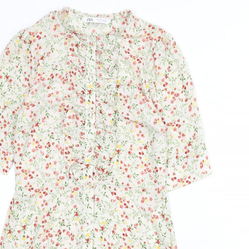 Zara Womens Multicoloured Floral Polyester A-Line Size M Round Neck Button
