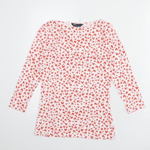 Marks and Spencer Womens White Geometric Cotton Basic T-Shirt Size 8 Boat Neck - Heart Print