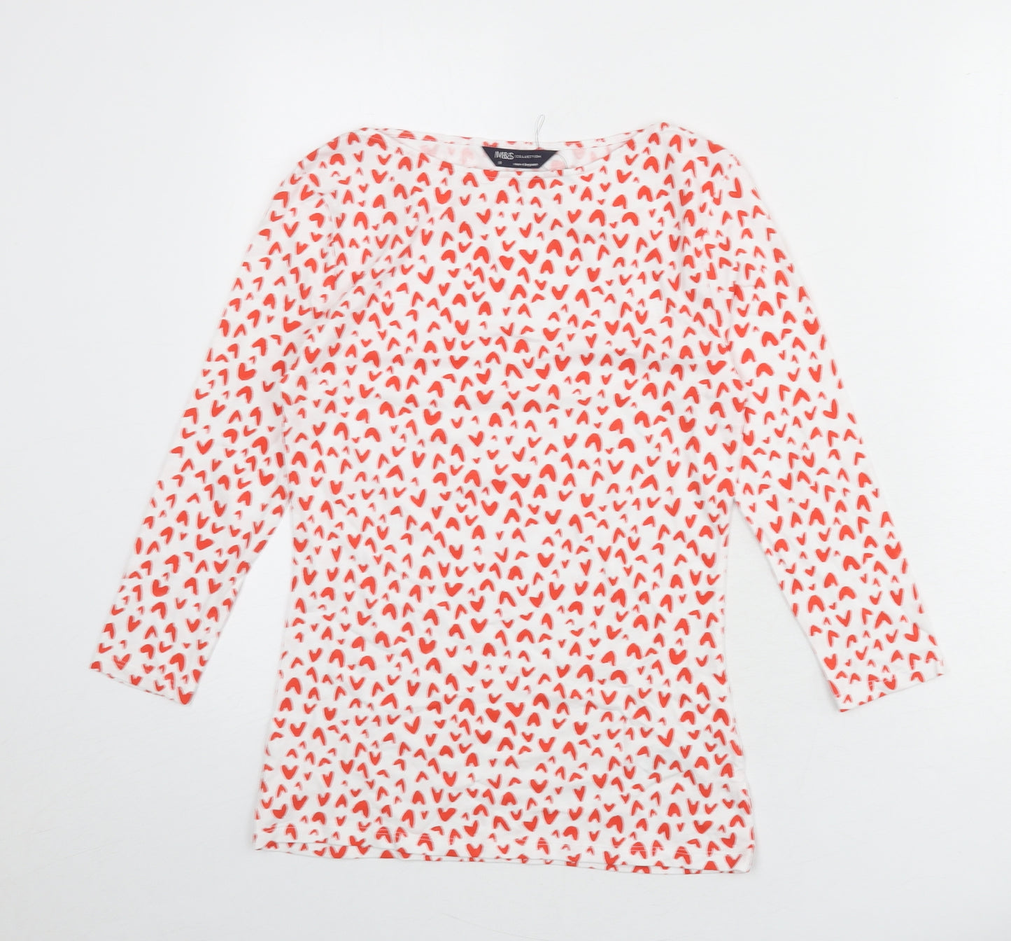 Marks and Spencer Womens White Geometric Cotton Basic T-Shirt Size 8 Boat Neck - Heart Print