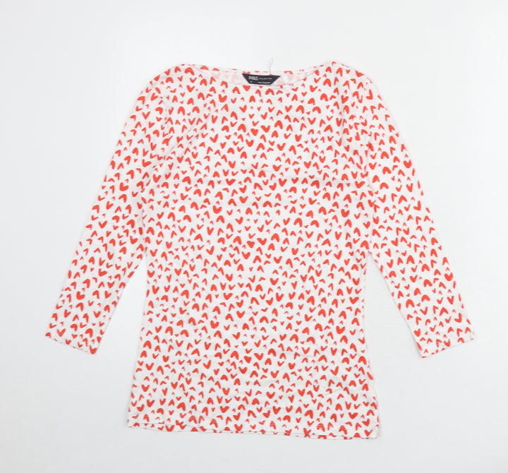 Marks and Spencer Womens White Geometric Cotton Basic T-Shirt Size 8 Boat Neck - Heart Print