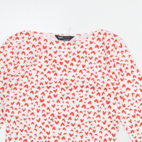 Marks and Spencer Womens White Geometric Cotton Basic T-Shirt Size 8 Boat Neck - Heart Print