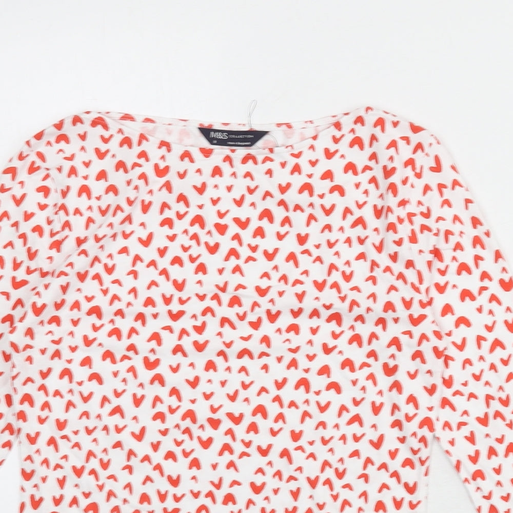 Marks and Spencer Womens White Geometric Cotton Basic T-Shirt Size 8 Boat Neck - Heart Print