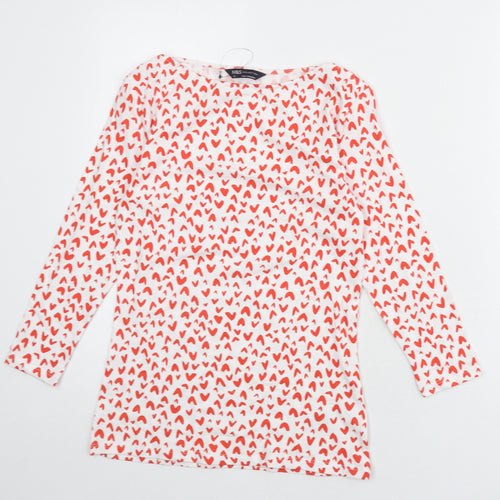 Marks and Spencer Womens White Geometric Viscose Basic T-Shirt Size 8 Boat Neck - Heart Print