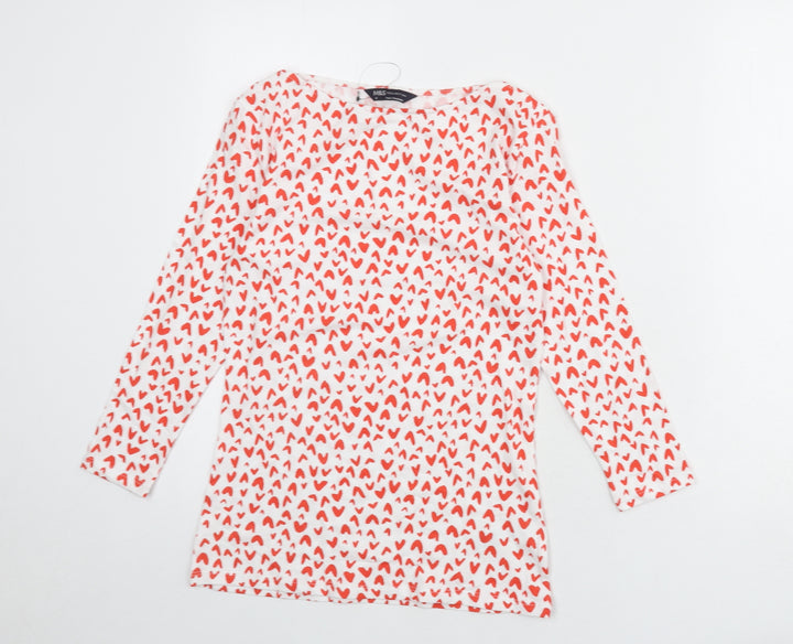 Marks and Spencer Womens White Geometric Viscose Basic T-Shirt Size 8 Boat Neck - Heart Print