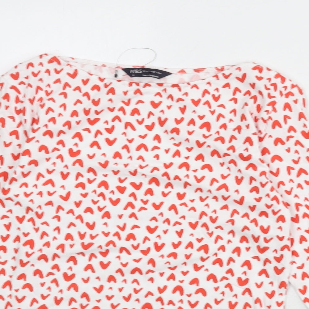 Marks and Spencer Womens White Geometric Viscose Basic T-Shirt Size 8 Boat Neck - Heart Print