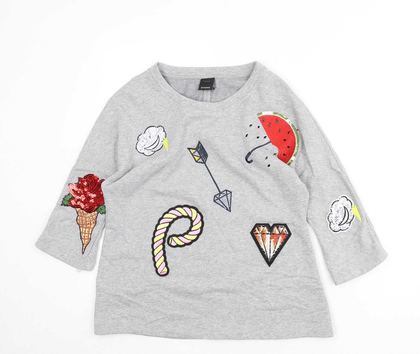 PINKO Womens Grey Cotton Pullover Sweatshirt Size XS Pullover - Rose, Cone, Cloud, Arrow, Marshmallow, Heart, Watermelon