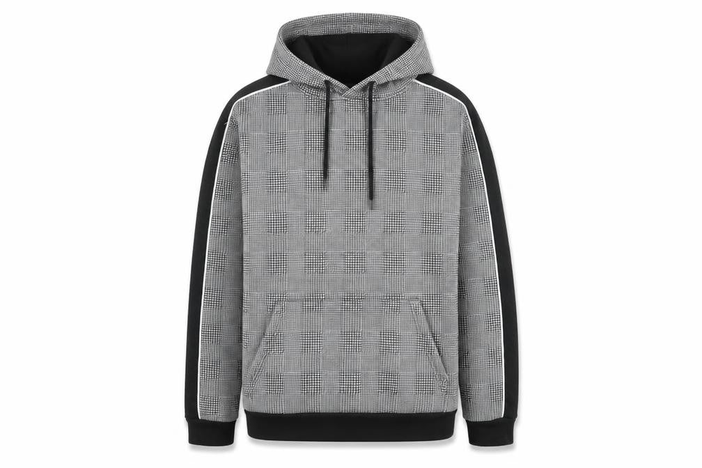 Front view of Brave Soul women’s grey houndstooth polyester pullover hoodie, size S, pullover
