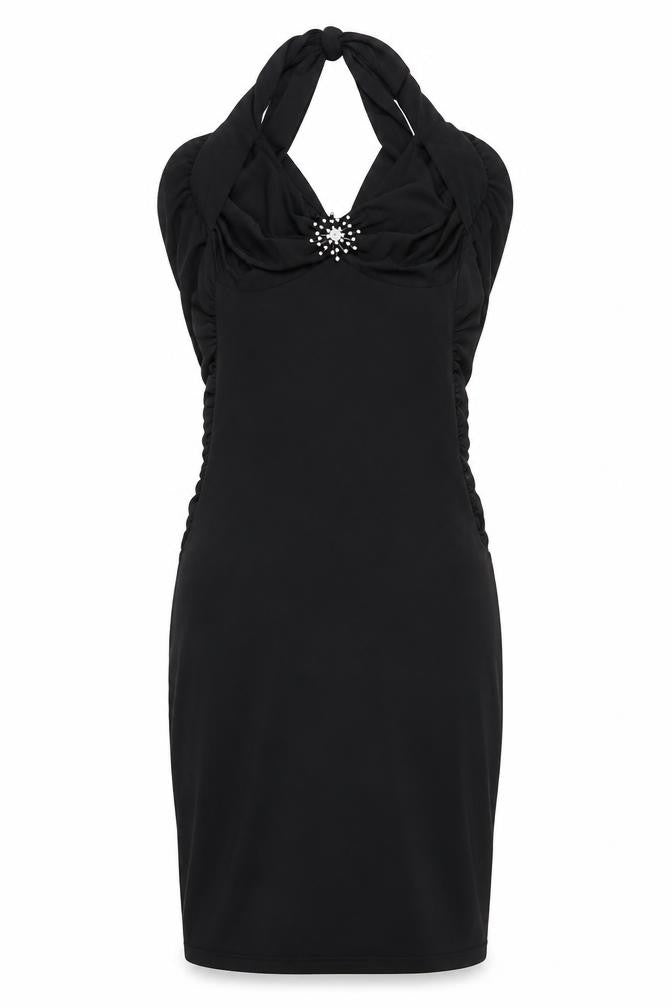 Front view of Morgan women’s black polyester bodycon, size M, halter tie