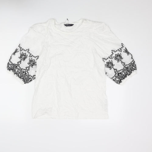 Marks and Spencer Womens White Cotton Basic Blouse Size 10 Round Neck - Broderie Anglaise