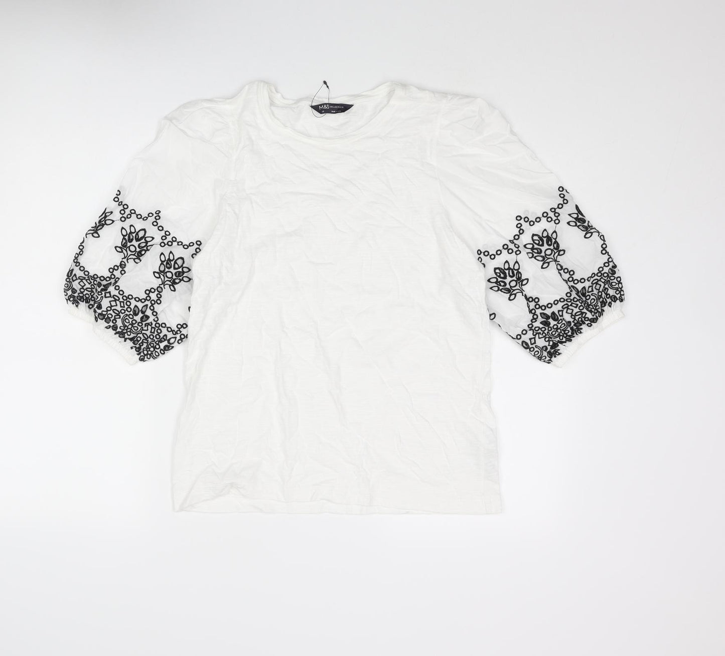 Marks and Spencer Womens White Cotton Basic Blouse Size 10 Round Neck - Broderie Anglaise