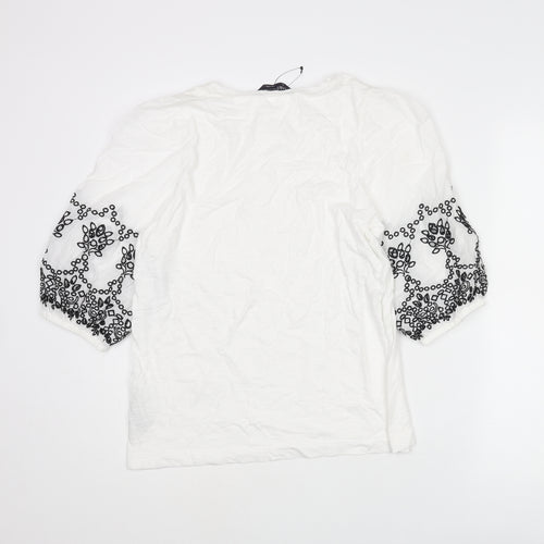 Marks and Spencer Womens White Cotton Basic Blouse Size 10 Round Neck - Broderie Anglaise