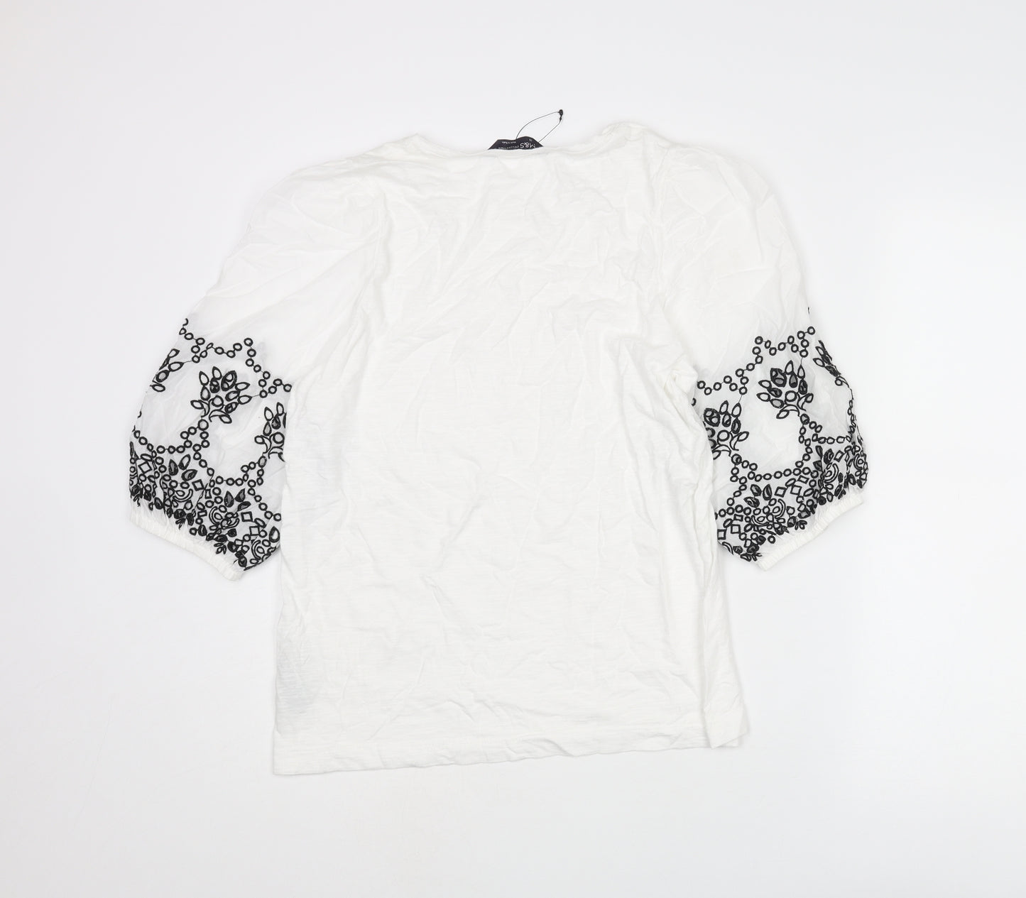 Marks and Spencer Womens White Cotton Basic Blouse Size 10 Round Neck - Broderie Anglaise