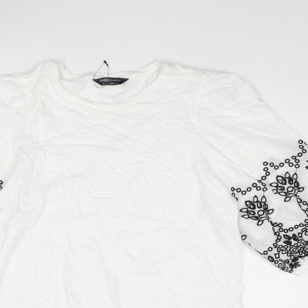 Marks and Spencer Womens White Cotton Basic Blouse Size 10 Round Neck - Broderie Anglaise