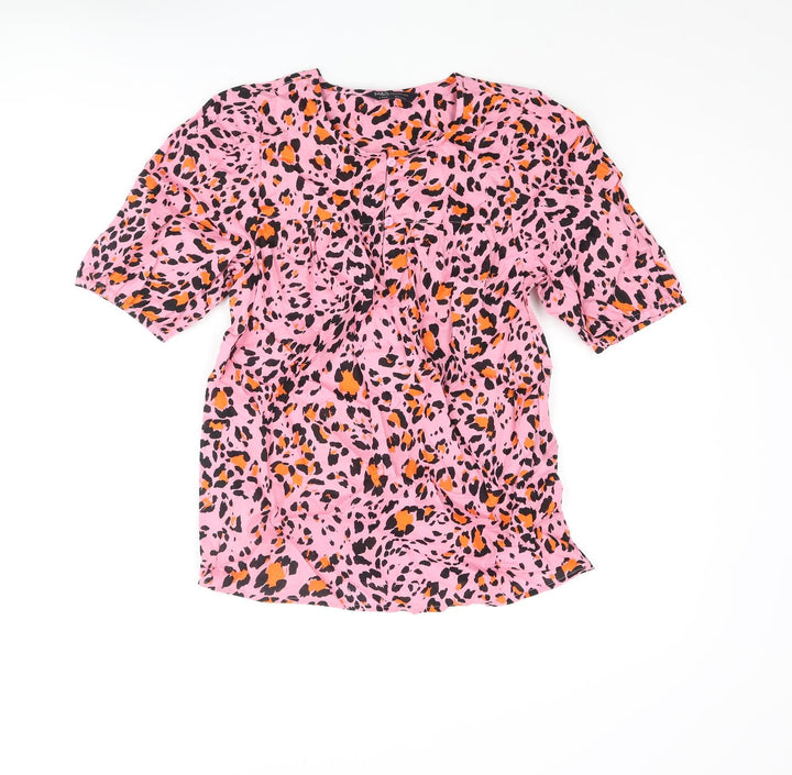 Marks and Spencer Womens Pink Animal Print Cotton Basic Blouse Size 6 Round Neck - Leopard Print