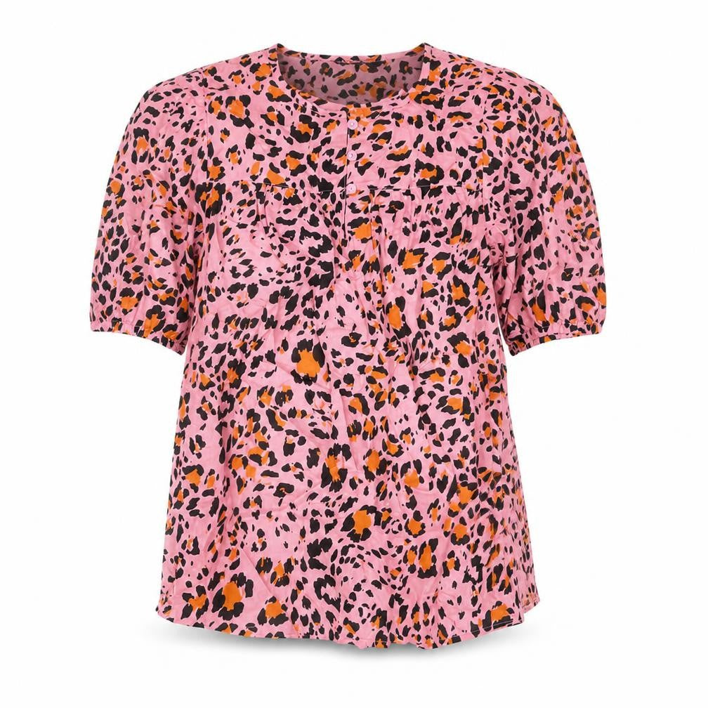 Marks and Spencer Womens Pink Animal Print Cotton Basic Blouse Size 6 Round Neck - Leopard Print